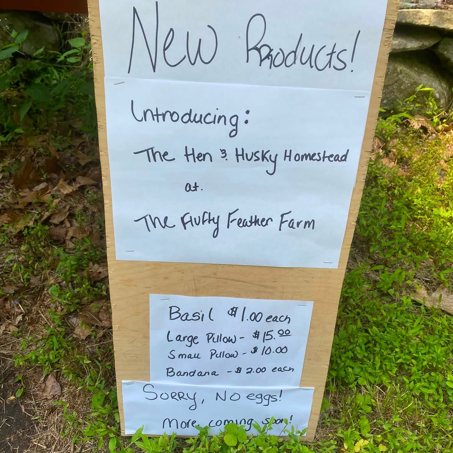 Handwritten New Products sign at the farm stand